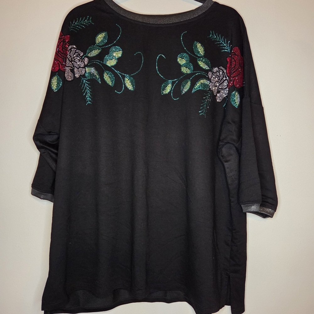 Queen Tina Plus Size 3 Rose Vine Embellished Sparkly Top Shoulder Accents